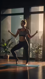 woman in an athletic top performing yoga at sunset