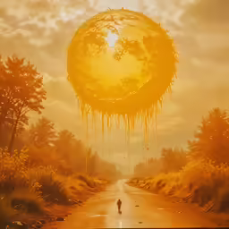 there is a yellow and brown image with a person walking in front