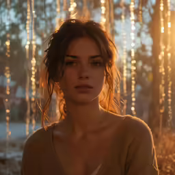a woman standing next to the woods at sunset