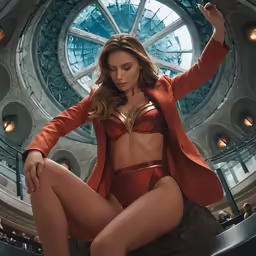 the wonder woman is sitting in front of a huge clock