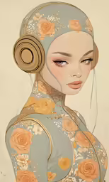 a painting of a woman with head coverings and roses on her hair