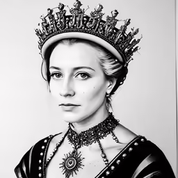 black and white pencil drawing of a lady wearing a tiara