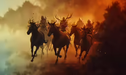 a painting of a group of horses running through a cloud filled sky