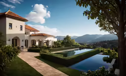 large pool in a yard next to a pool surrounded by bushes