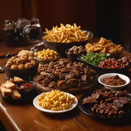 various plates of food sitting on a table