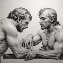 two men in the nude with one pointing his hand towards another