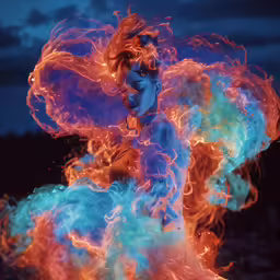 the lady with a flaming head on is lit up in front of a dark sky