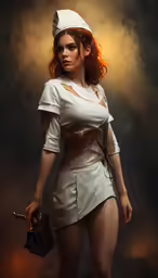 a woman dressed as a nurse standing in a painting