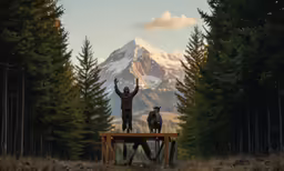 a man standing on a table with his arms up
