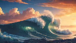 a painting of a wave breaking in the ocean,a giant wave is in the ocean at sunset