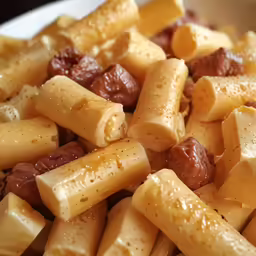 a plate full of pasta with sausages and sauce
