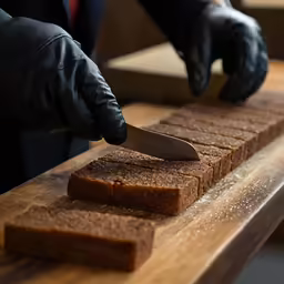 someone cutting bread in half on a wooden table