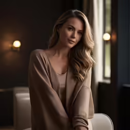 a woman sitting down on a chair and posing for the camera
