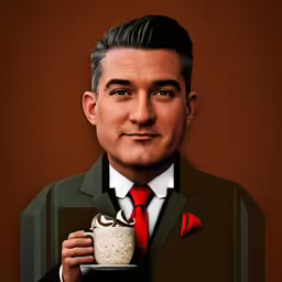 the man is holding a cup of coffee