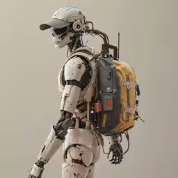 a robot with a luggage bag is posed