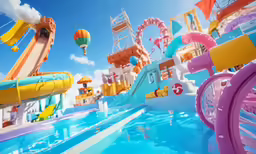 an animated rendering of amusement park rides and water slides