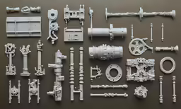 several metal parts are laying on a table