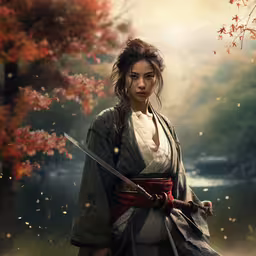 the japanese woman with a sword and another figure,a woman in kimono holding a sword