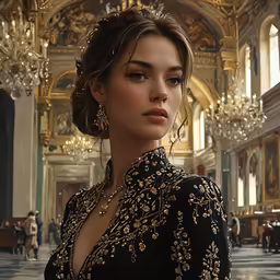 a woman wearing gold jewelry standing inside a church