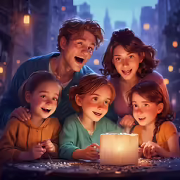 a family looks at the lit candle on a table