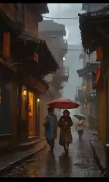 some people are walking down a street in the rain