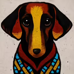 a painted picture of a dog on cement