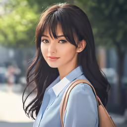 a young asian woman with long dark hair standing on the street
