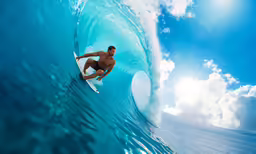 a male surfer wearing a black trunks is riding the blue ocean wave
