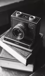 a camera sitting on top of three books