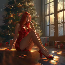 a woman in red dress sitting next to a christmas tree,a woman is sitting by a christmas tree