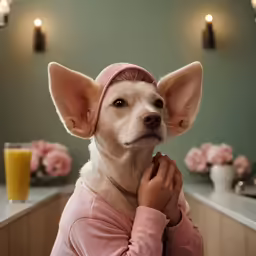 a chihuahua is wearing a pink sweater and has its paw over her ear