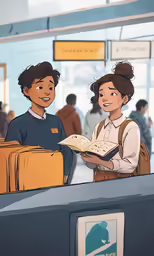 a man and a woman standing at a counter talking