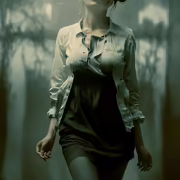 a young woman with a dress and hat walking through the woods