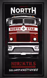 the front of a bus advertising north star,a poster of north star trucks is displayed