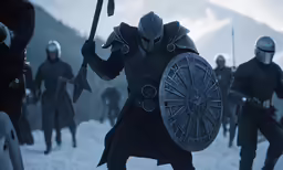 the knights are walking in formation in a snowy scene