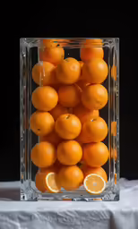 several oranges are piled in the square glass vase