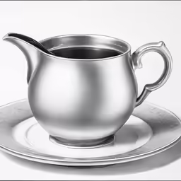 a small metallic teapot and plate on a white tablecloth