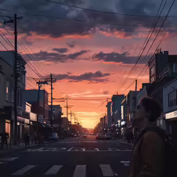 there is a guy that is standing on the street looking at the sky