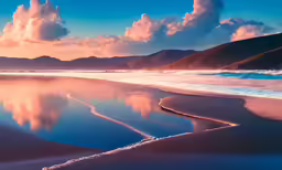 the water has no waves but some pink clouds