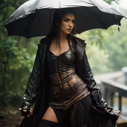 a woman in a black leather outfit holding an umbrella