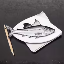 a fish on a white piece of paper and a pencil