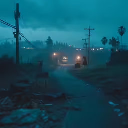 a dark road with a person walking along the side at night
