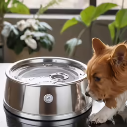 a small dog is standing next to a food dish that has water in it