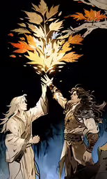 a drawing of two people reaching out to a plant