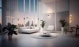 a room with big windows and modern furniture