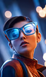 the woman has glowing glasses near her face