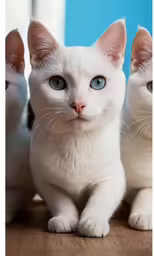 three kittens sit side by side on a wooden table