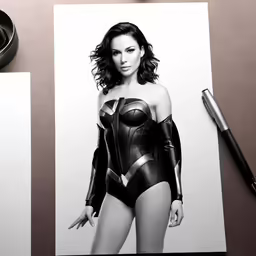 a drawing of an attractive woman in a leather outfit