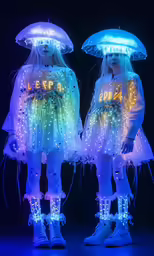two young girls are dressed in light up costumes
