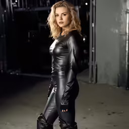 a women standing on a street in a leather outfit